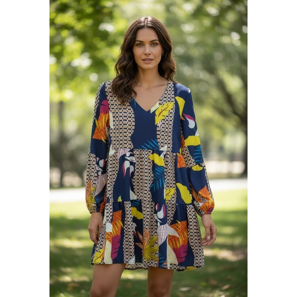 Sharosa Women Navy Tropical Leaf Grid Print Tiered V-Neck Mini Dress Small